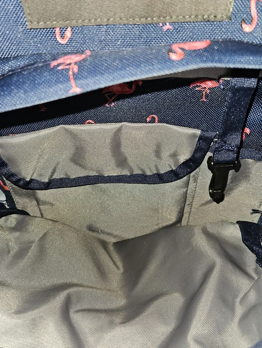 JanSport Trans Navy Backpack with Pink Flamingo Print School Travel Sports EUC